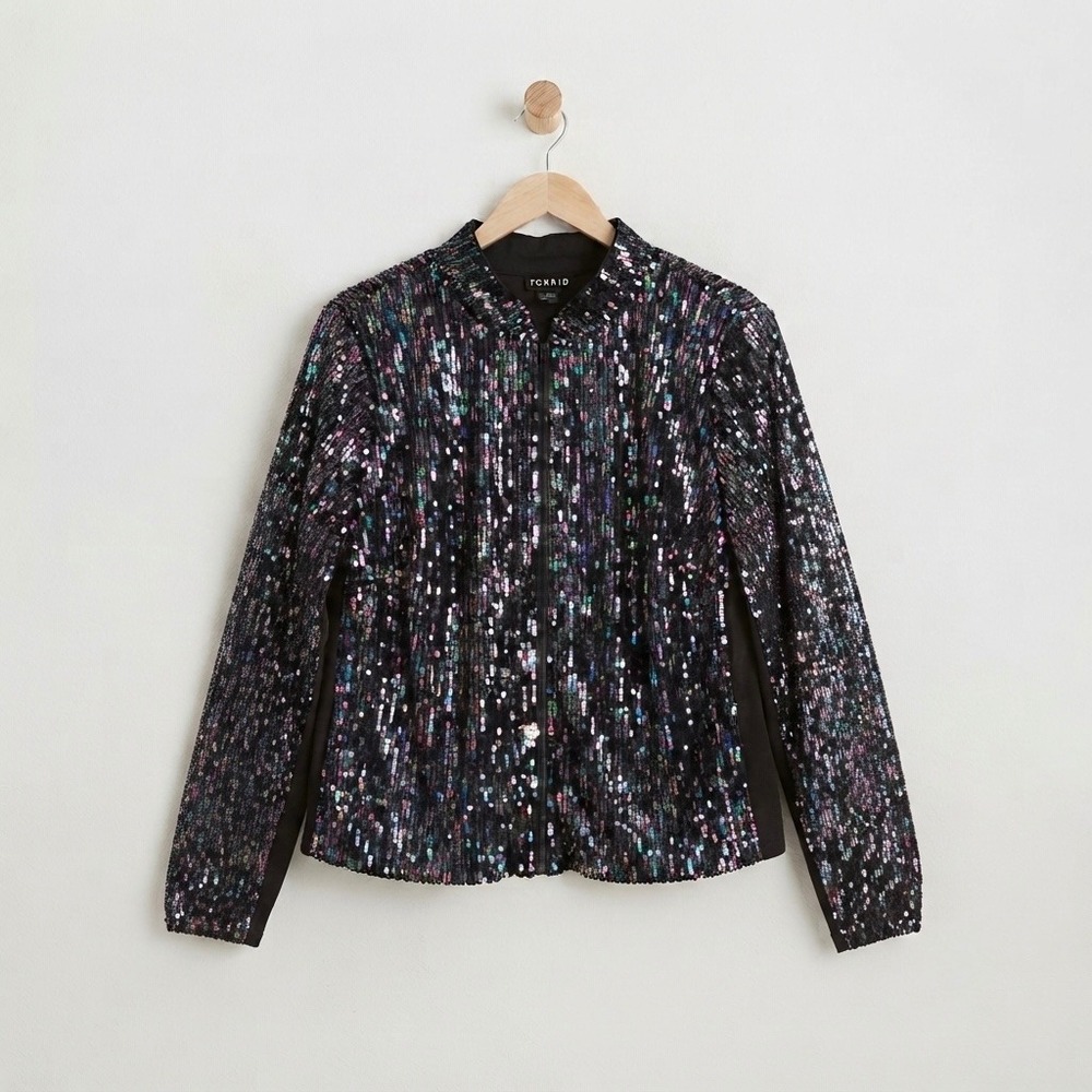 Torrid Cyber Goth Sparkle Sequin Zip Up Bomber Track Jacket 3 Festival Rock 3X